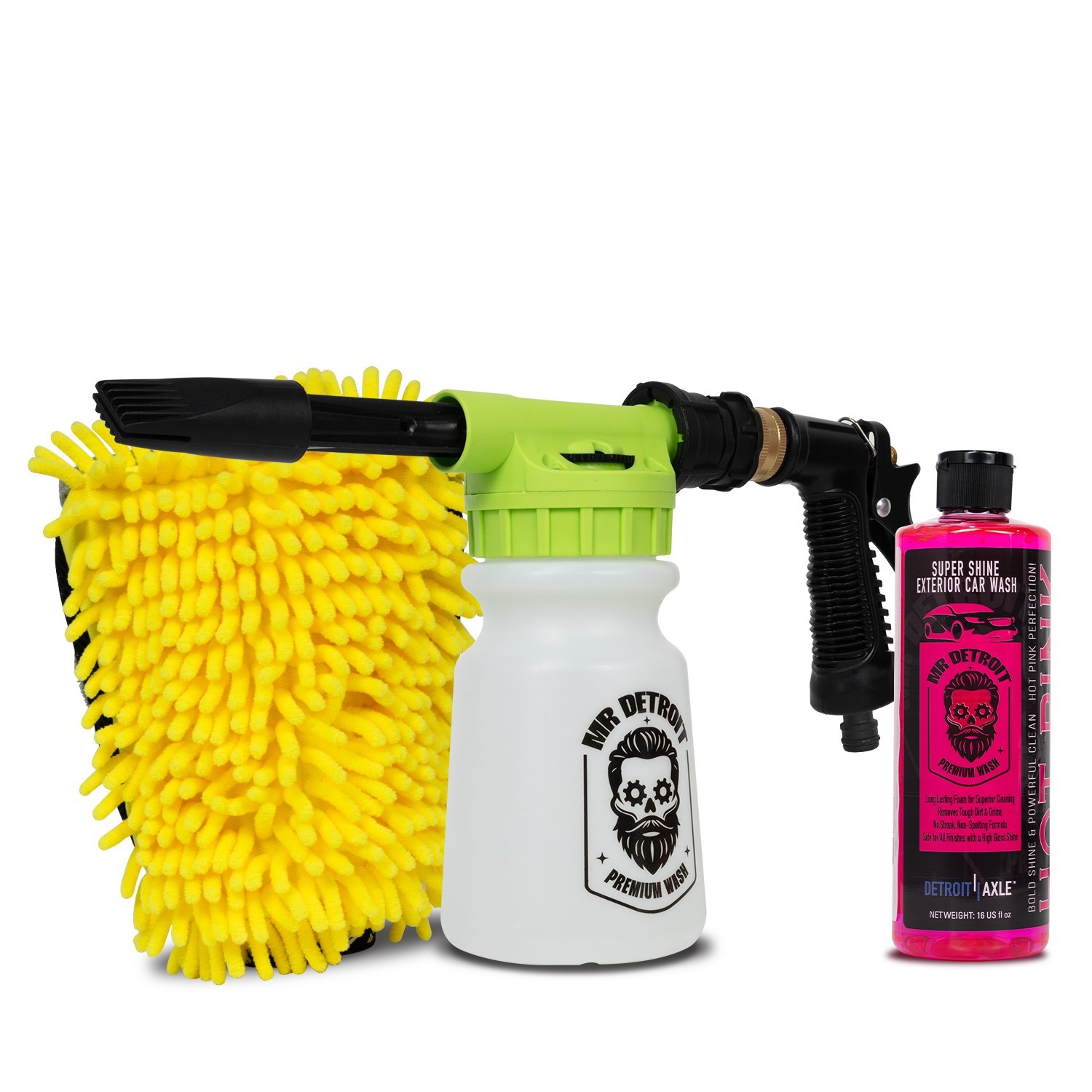 Mr. Detroit – 3pc Foam Wash Kit w/ Blaster, Hot Pink Soap & Mitt – Scratch-Free