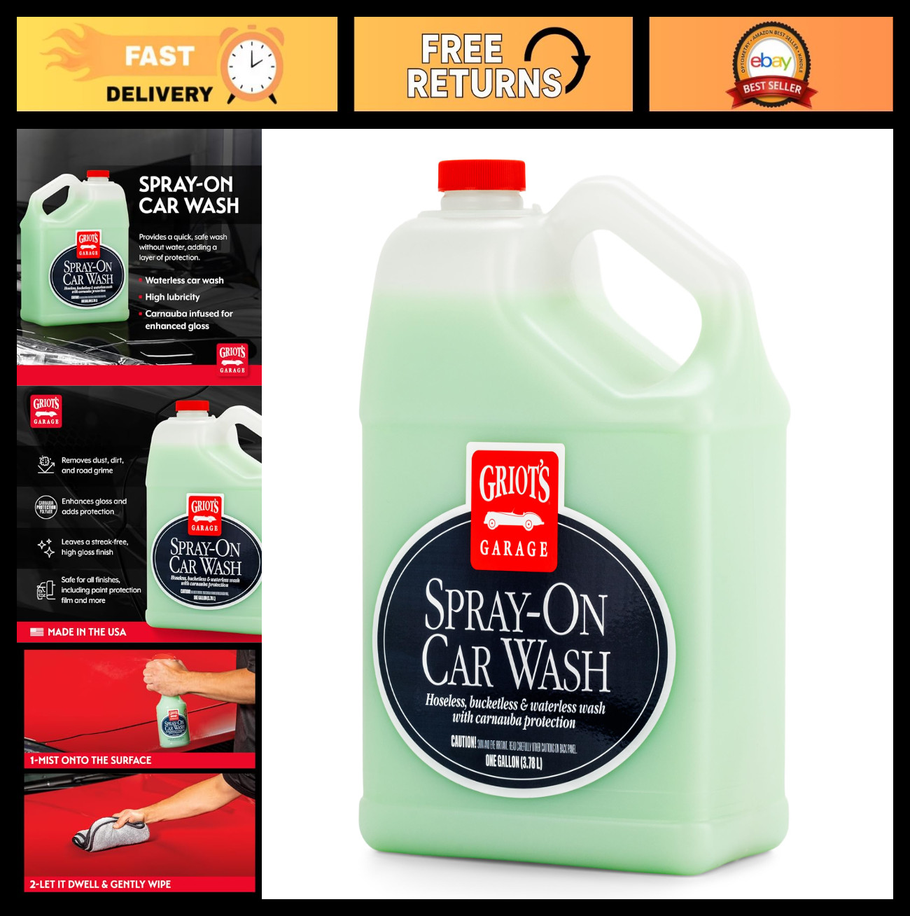 Rinseless Waterless Car Wash Spray – No Hose, No Bucket, Carnauba Wax Protection