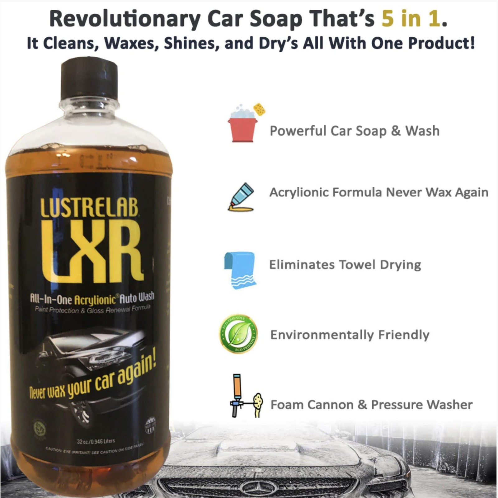 LustreLab LXR All-In-One Acrylionic Auto Car Wash 32 Fl Oz (Pack of 1), Clear