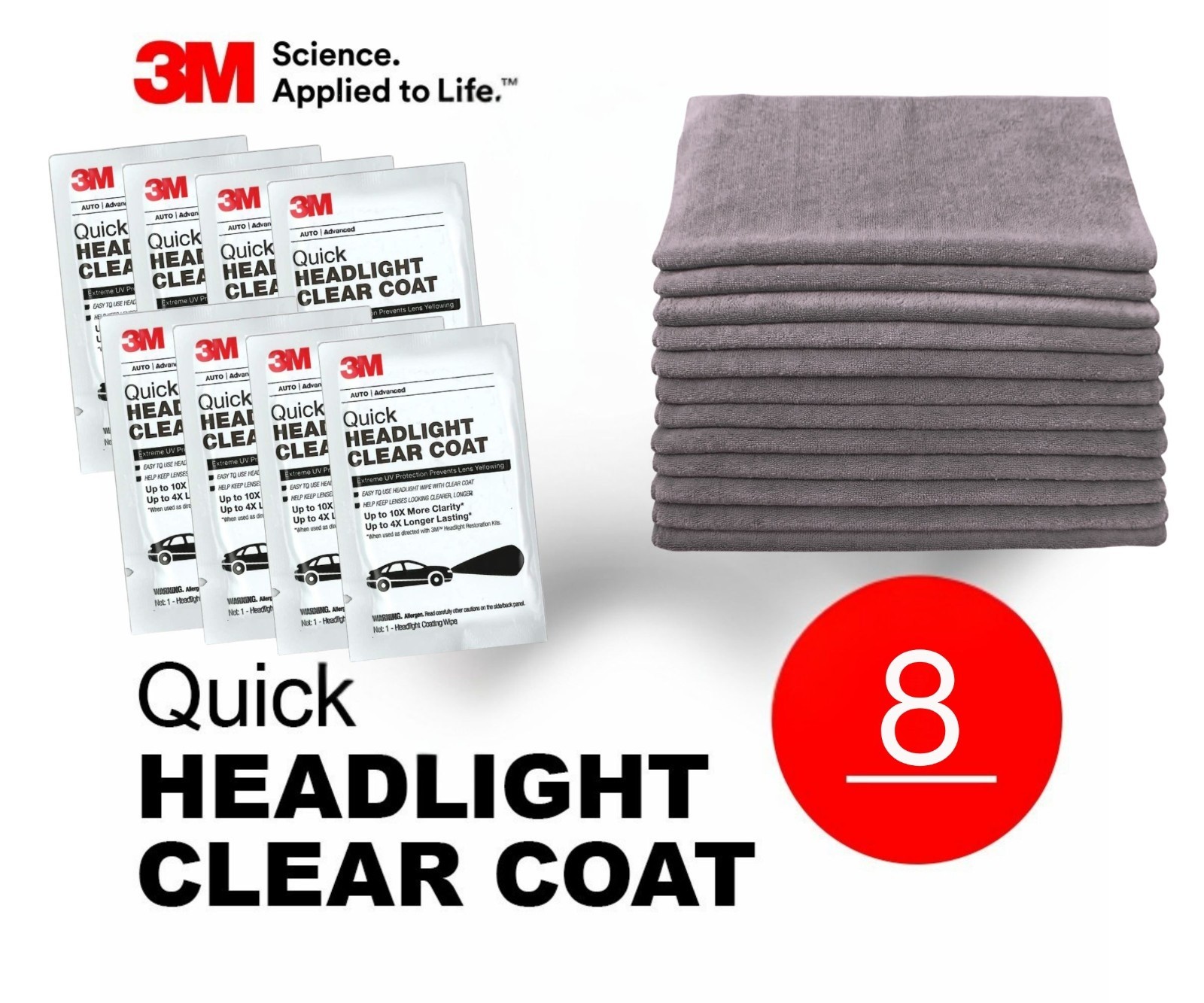 3M Quick Headlight Clear Coat 8x wipe lot With 12×12 Microfiber Cloths – Gray