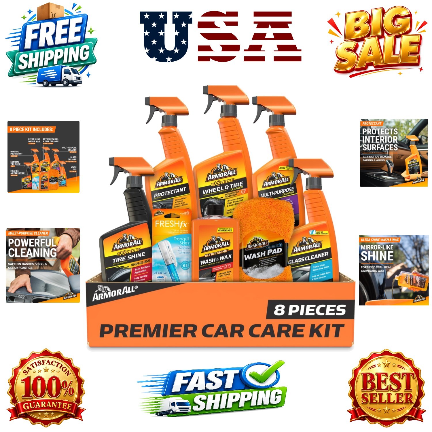 Premier 8-Piece Car Care Kit – Complete Car Detailing Set with Wax, Wash, Gla…