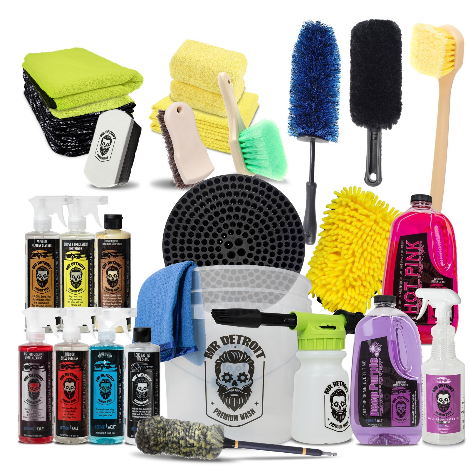 Mr. Detroit – 26pc Pro Car Detailing Kit – Brushes, Towels, Cleaners & Mitt