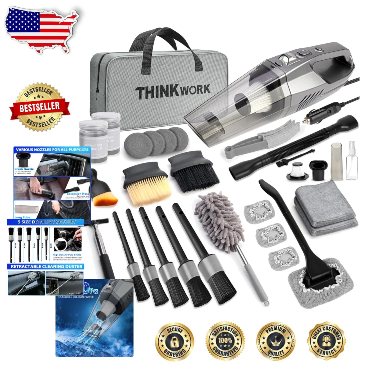Professional Car Interior Cleaning Kit: 31pc Tools, 8000Pa Vacuum, Gray Bag