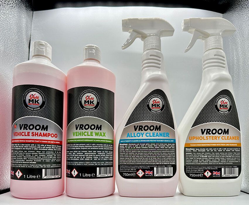 Vroom Vehicle Cleaning, Shampoo , Wax, Upholstery, Alloys, Vegan, made in UK