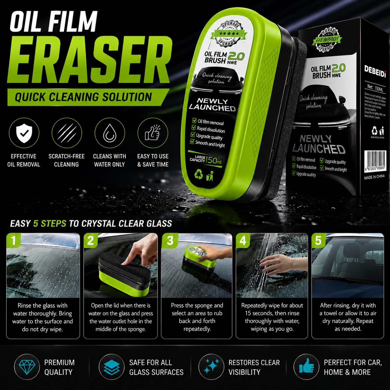 150ml Car Oil Film Remover Brush Windshield Glass Cleaner Auto Care Tool Kit