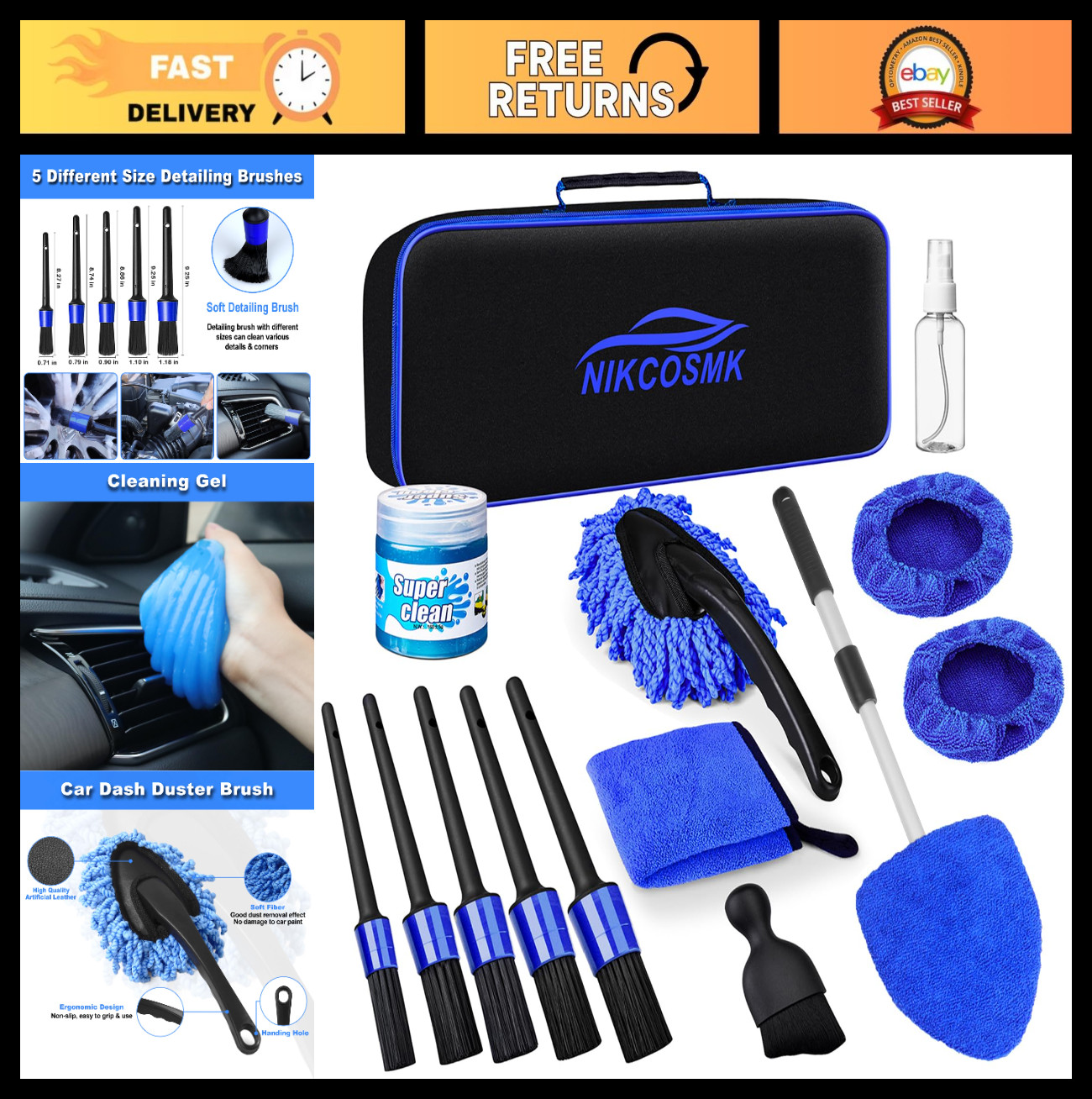 15Pcs Car Interior Detailing Kit – Windshield Cleaner, Brushes, Gel & Supplies