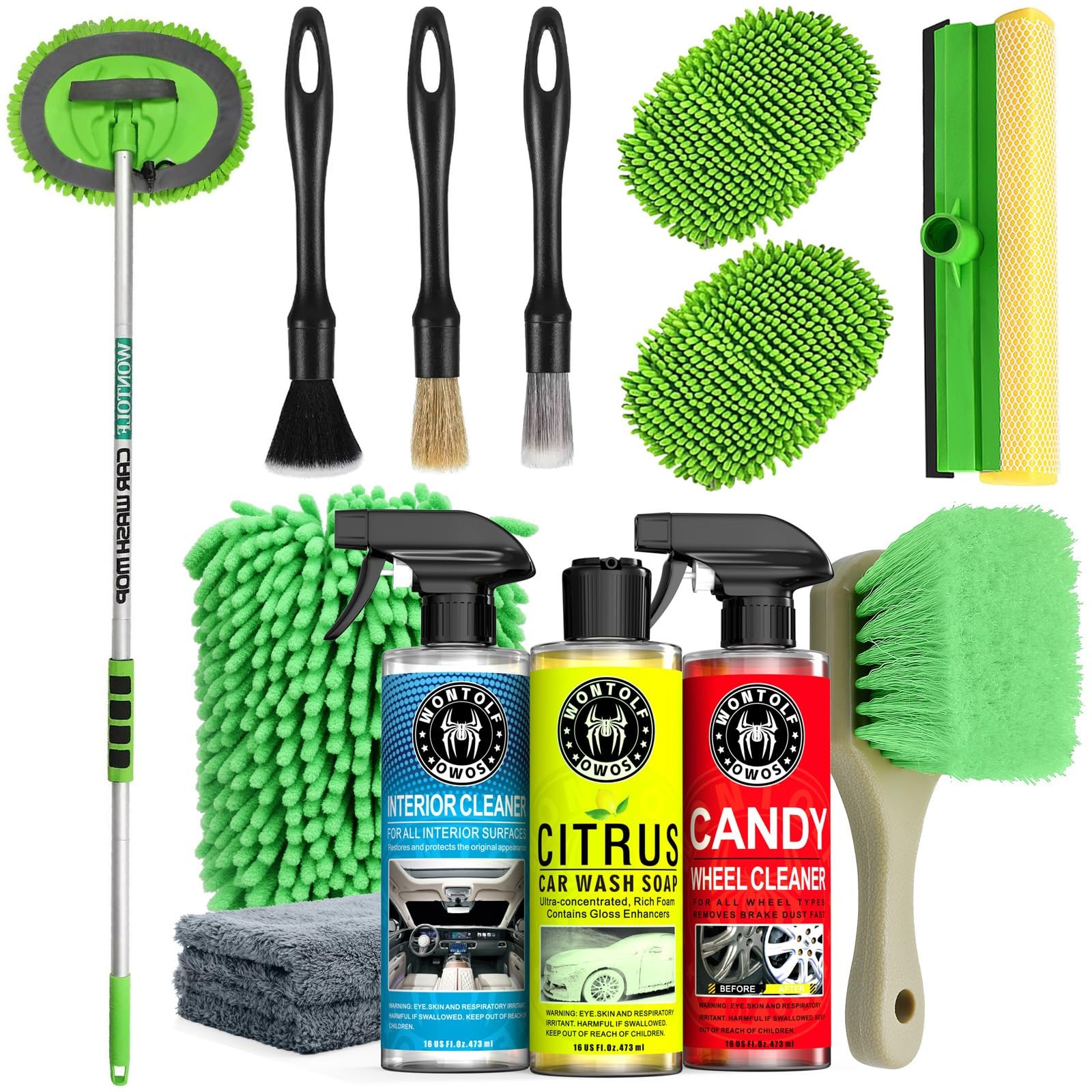 Wontolf 17pc Car Wash Kit, Cleaning Kit with Brush Long Green