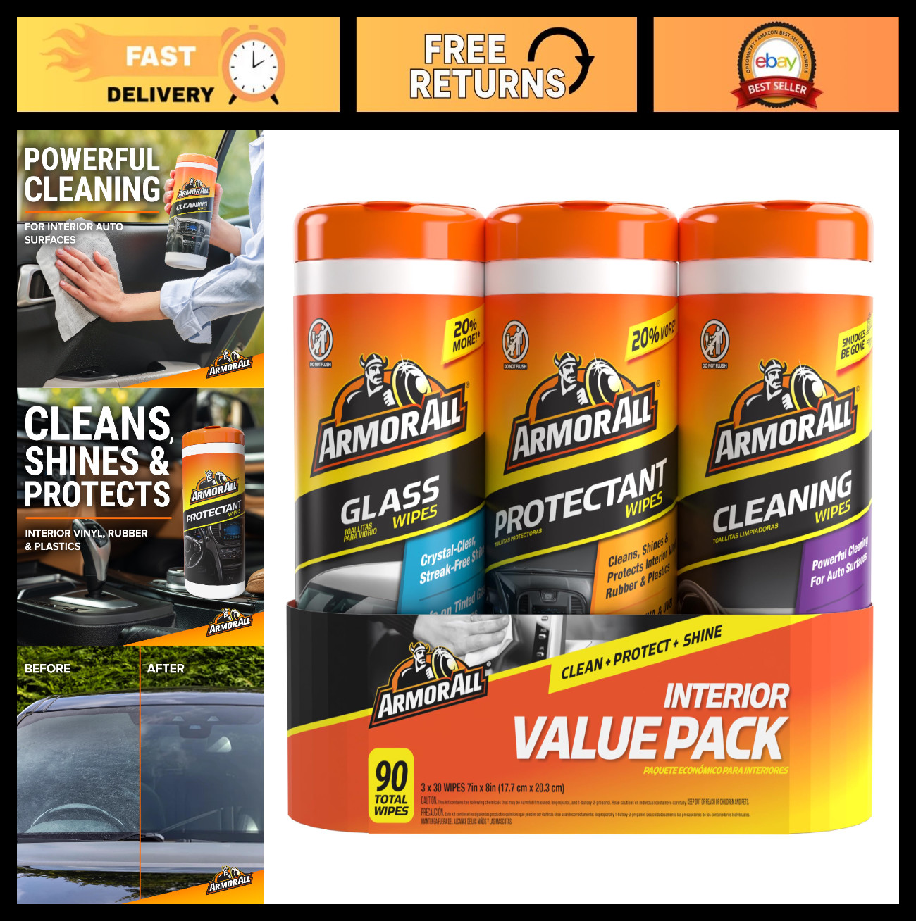Car Interior Cleaning Value Pack – 90 Count, Auto Glass Cleaner, Wipes & Protect