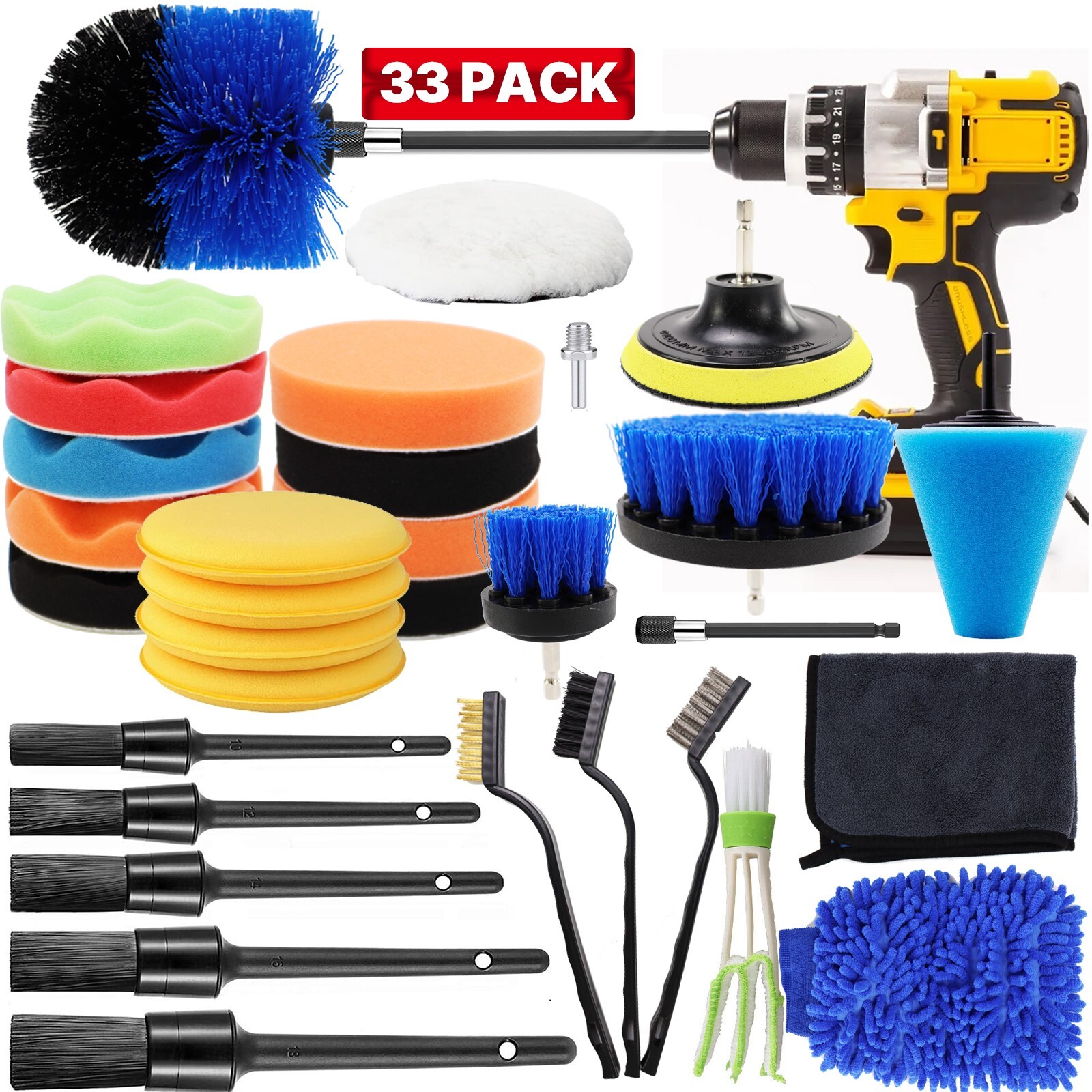 33pcs Car Cleaning Kit Interior Exterior Auto Detailing Wash Drill Brush Engine