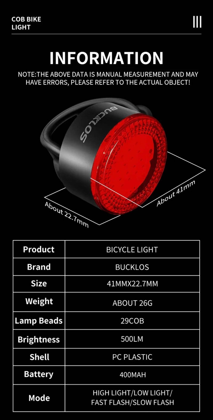 BUCKLOS Bike Light COB Front Rear Bicycle Lights LED Rechargeable Mountain Road