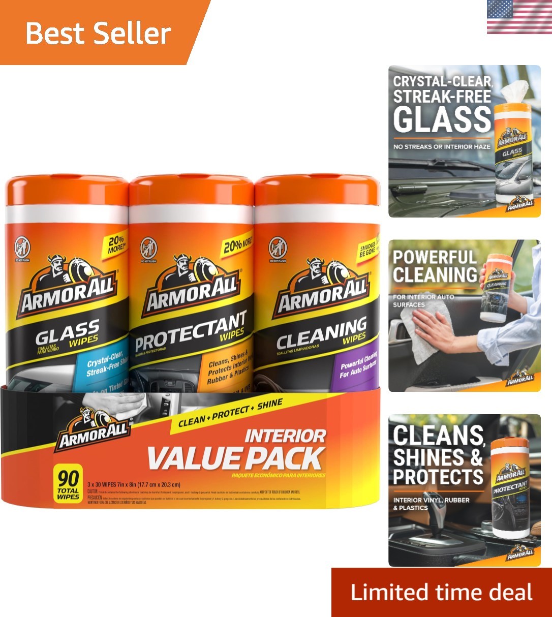 Car Interior Value Pack: 90 Count Wipes for Pristine Cleaning & Protection
