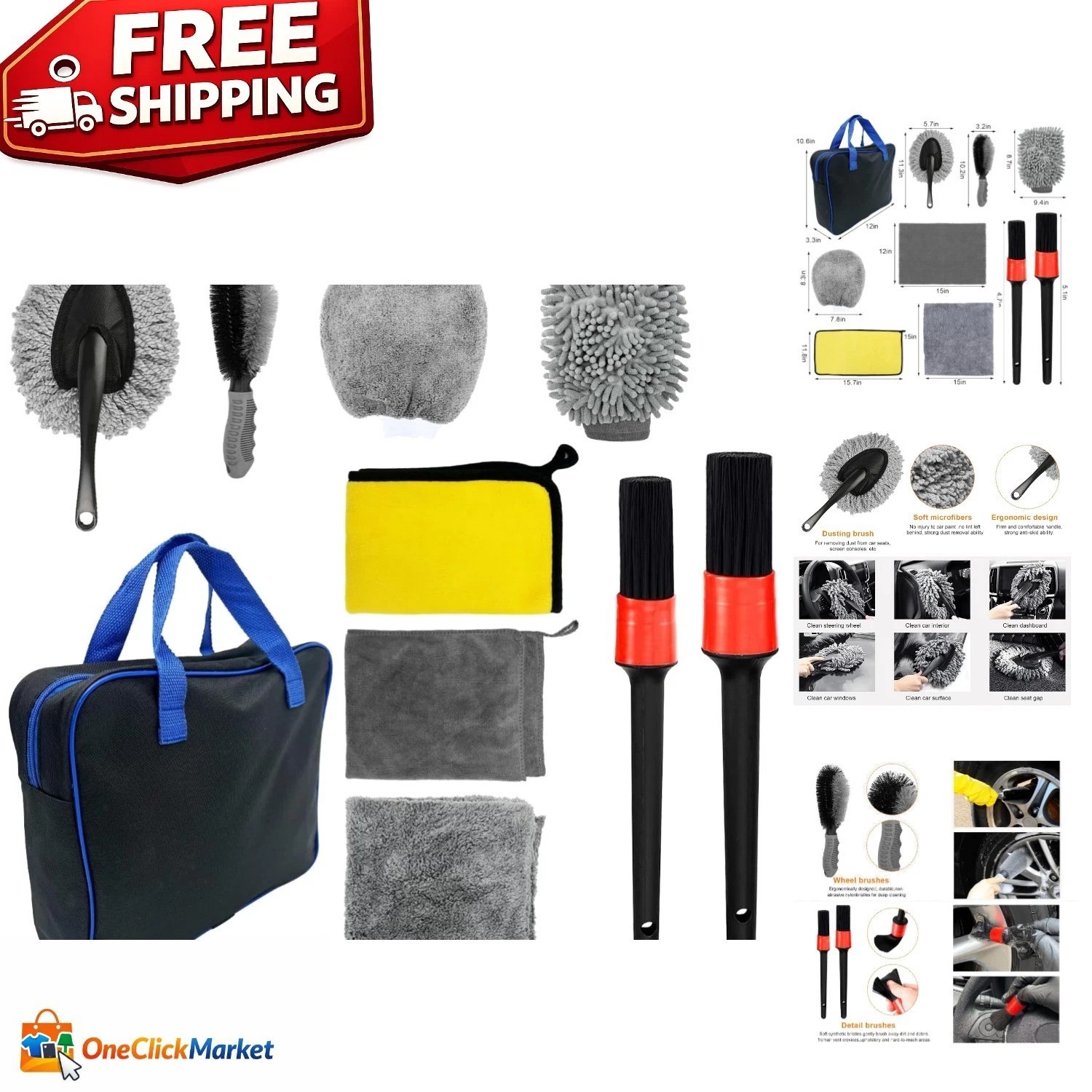 Complete 10-Piece Car Cleaning Set with Microfiber Mitts & Brushes for Easy Care