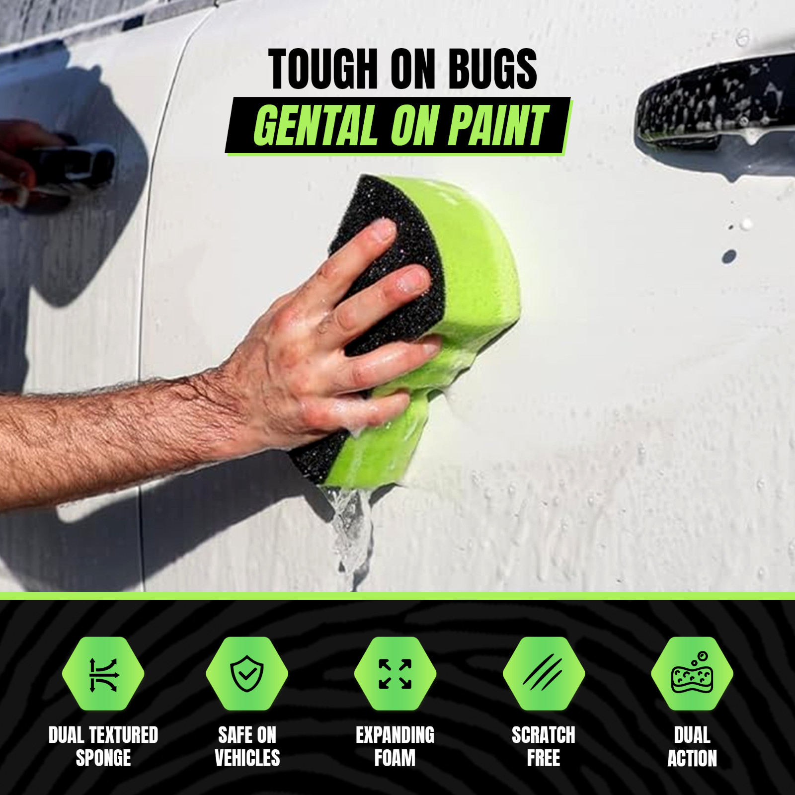 Grip Clean Dual Texture Car Wash Sponge – Multi Purpose Bug Foam Cleaner, 2 Pack