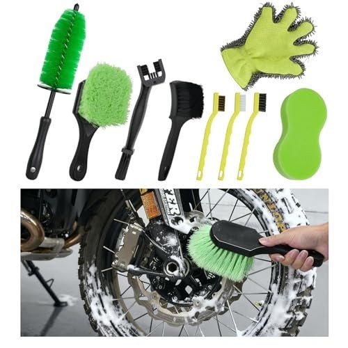 9 Pack Motorcycle Cleaning & Detailing Kit – Brushes, Sponge, Mitt, Tools for Bi