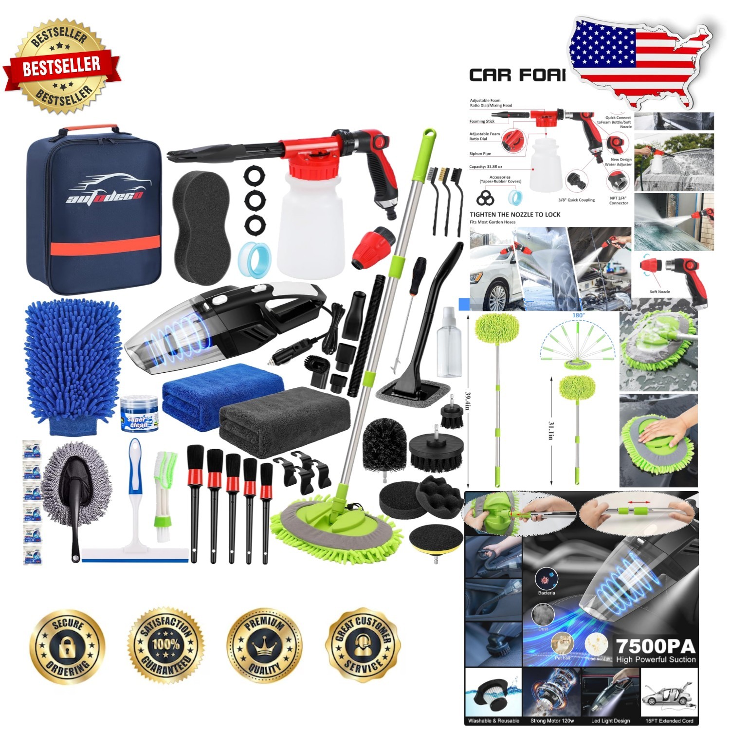 Complete Car Wash Kit 43Pcs: Professional Detailing Tools, Foam Gun, Vacuum