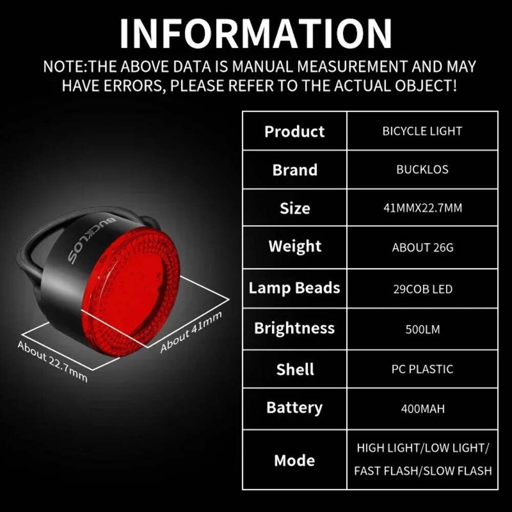 BUCKLOS Cycling Lights COB Bicycle Headlight Taillight LED Bike Front Rear Light