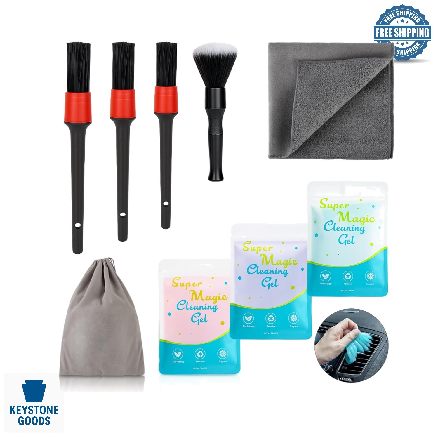 9-Piece Car Interior Detailing Kit with Brushes, Gel & Microfiber Towel