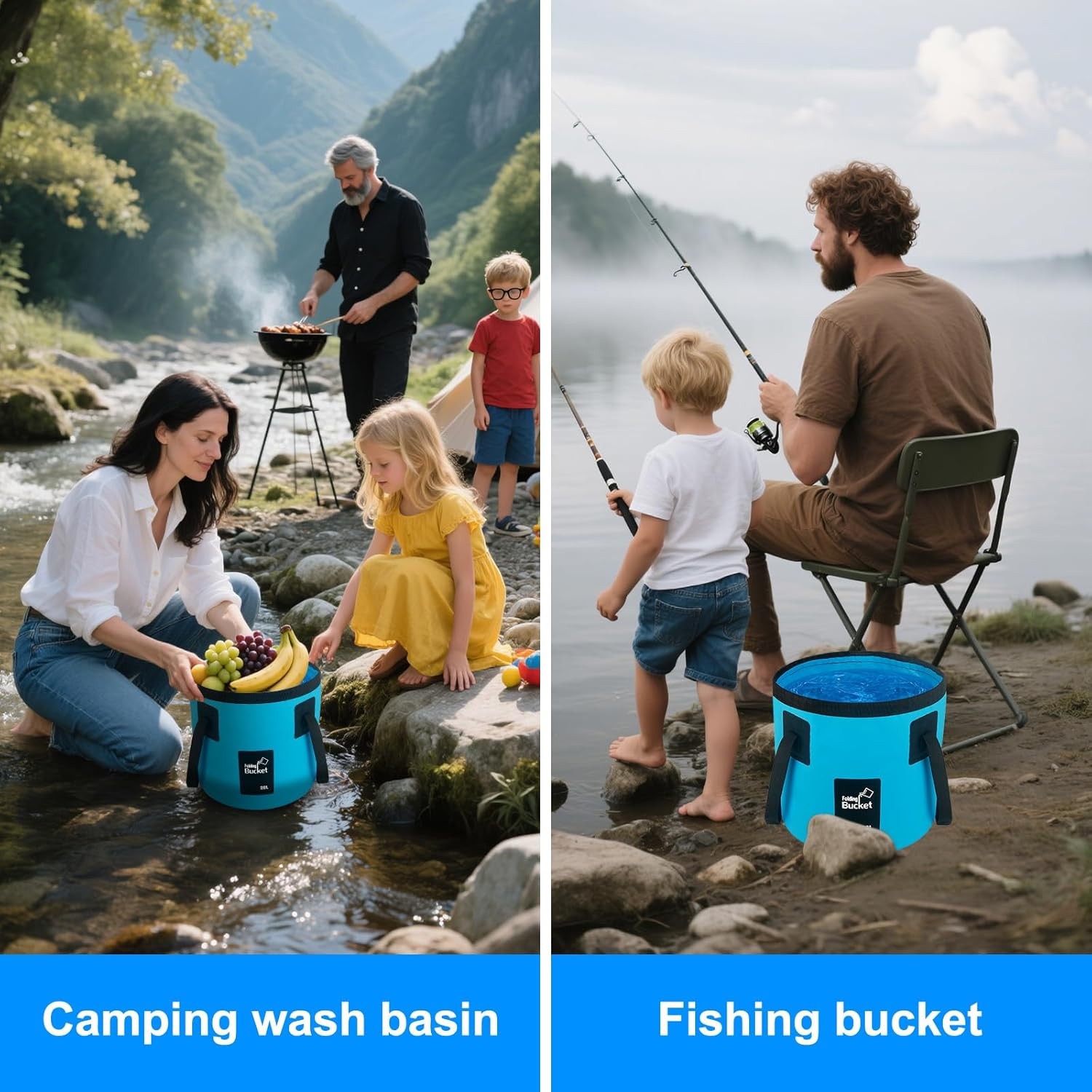 5 Gallon Collapsible Bucket with Handle, Car Wash Foldable Water Blue