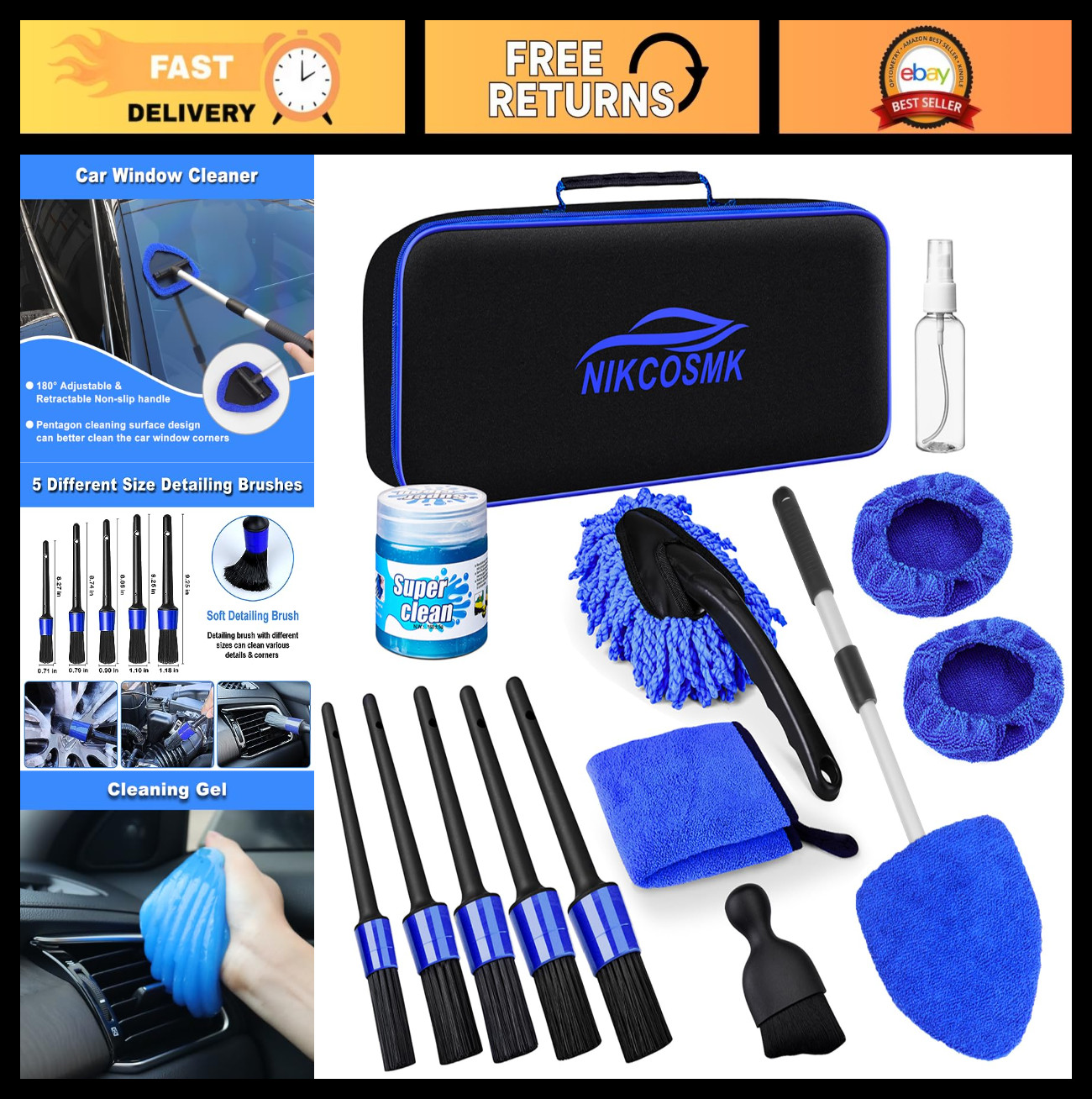 15Pcs Car Interior Detailing Kit, Windshield Cleaner Tool, Brushes & Gel, Auto C