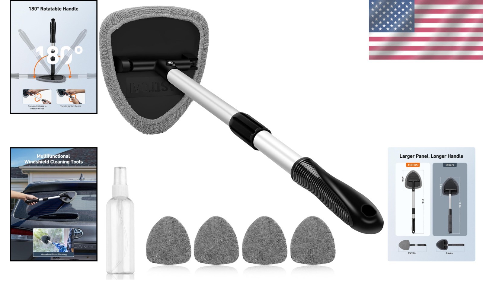 21 Inch Car Interior Detailing Kit Microfiber Pads Extendable Handle Glass Cl…