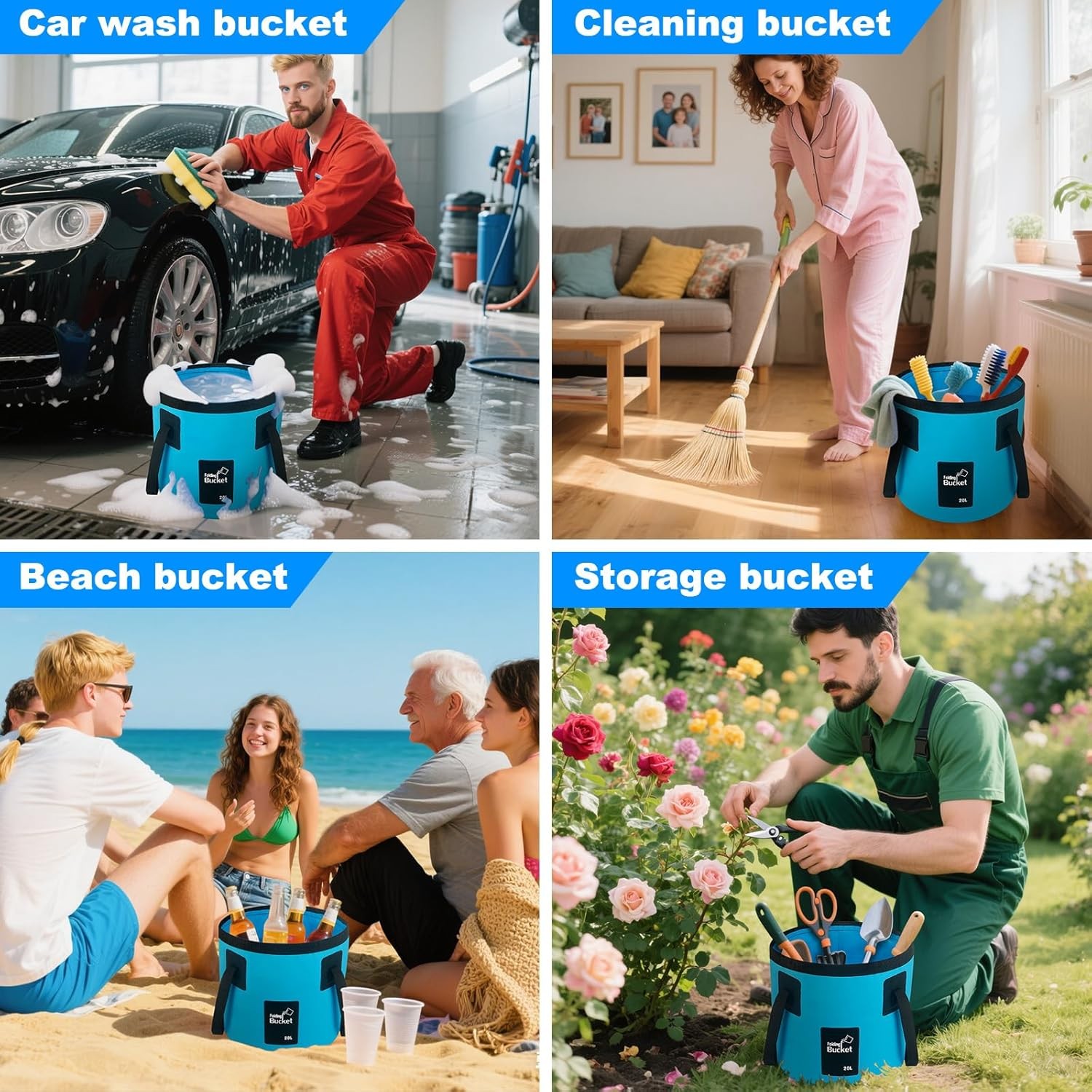 5 Gallon Collapsible Bucket with Handle, Car Wash Foldable Water Blue