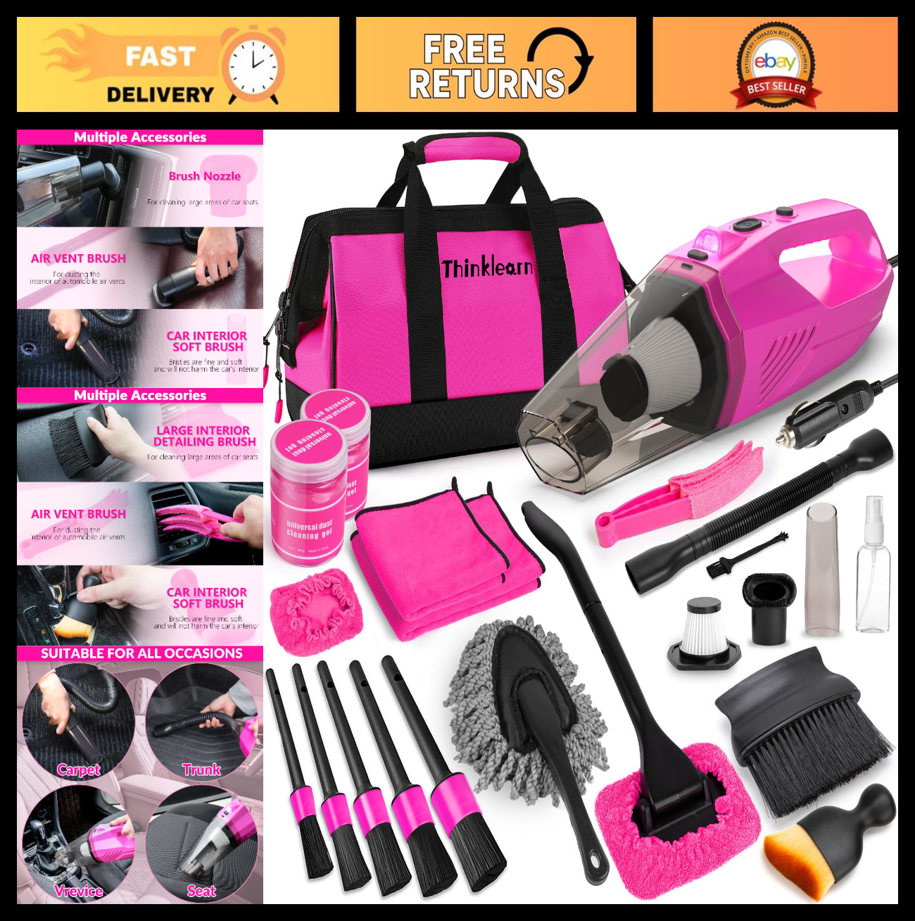 High Power Corded Car Vacuum Detailing Kit with 7-Piece Brush Set & Windshield C