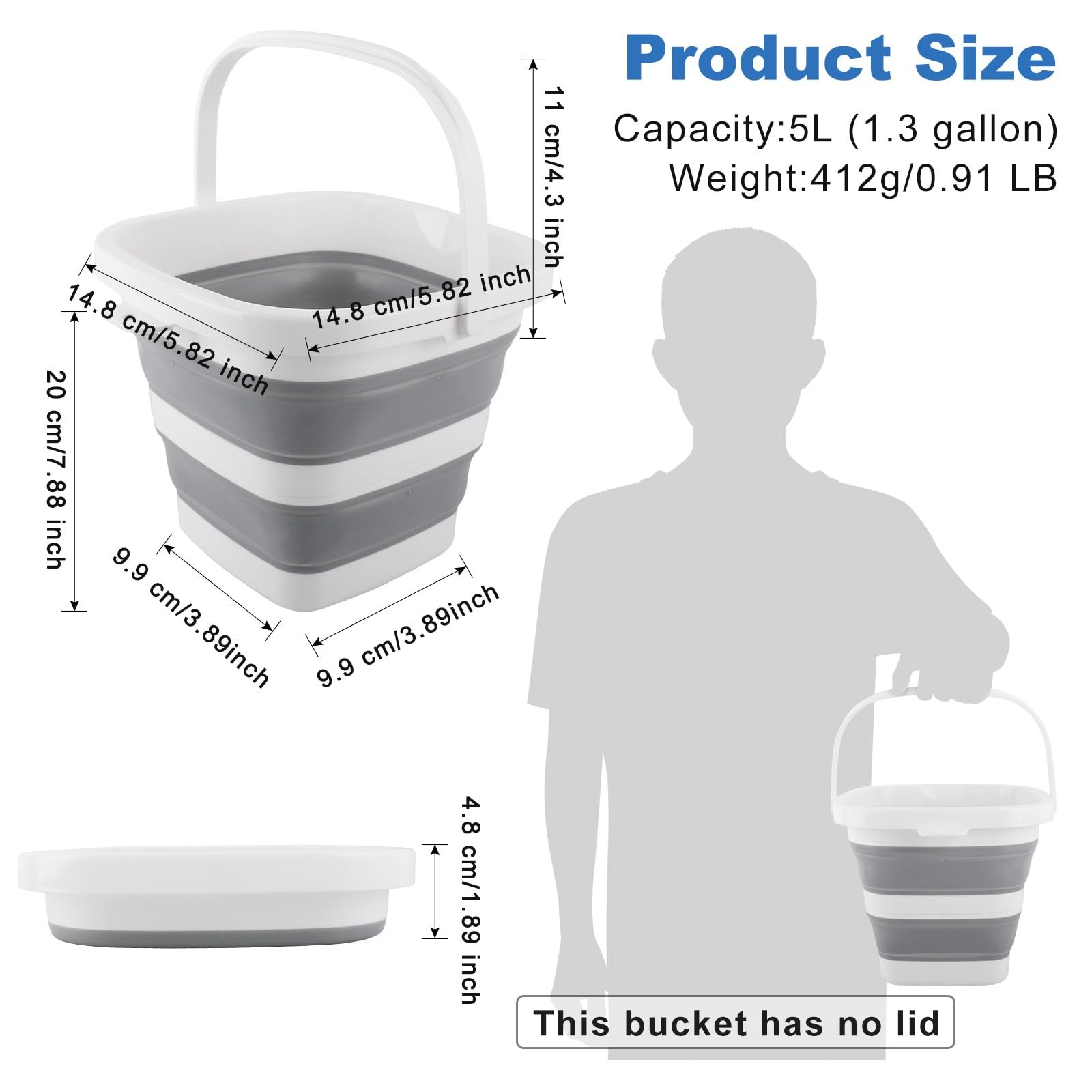 Car Wash Bucket 5L, Collapsible for Cleaning Supplies, Gray