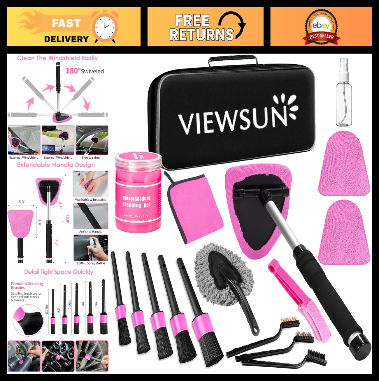 17Pcs Car Interior Cleaning Kit – Windshield Cleaner, Detailing Brush & Gel, Gif