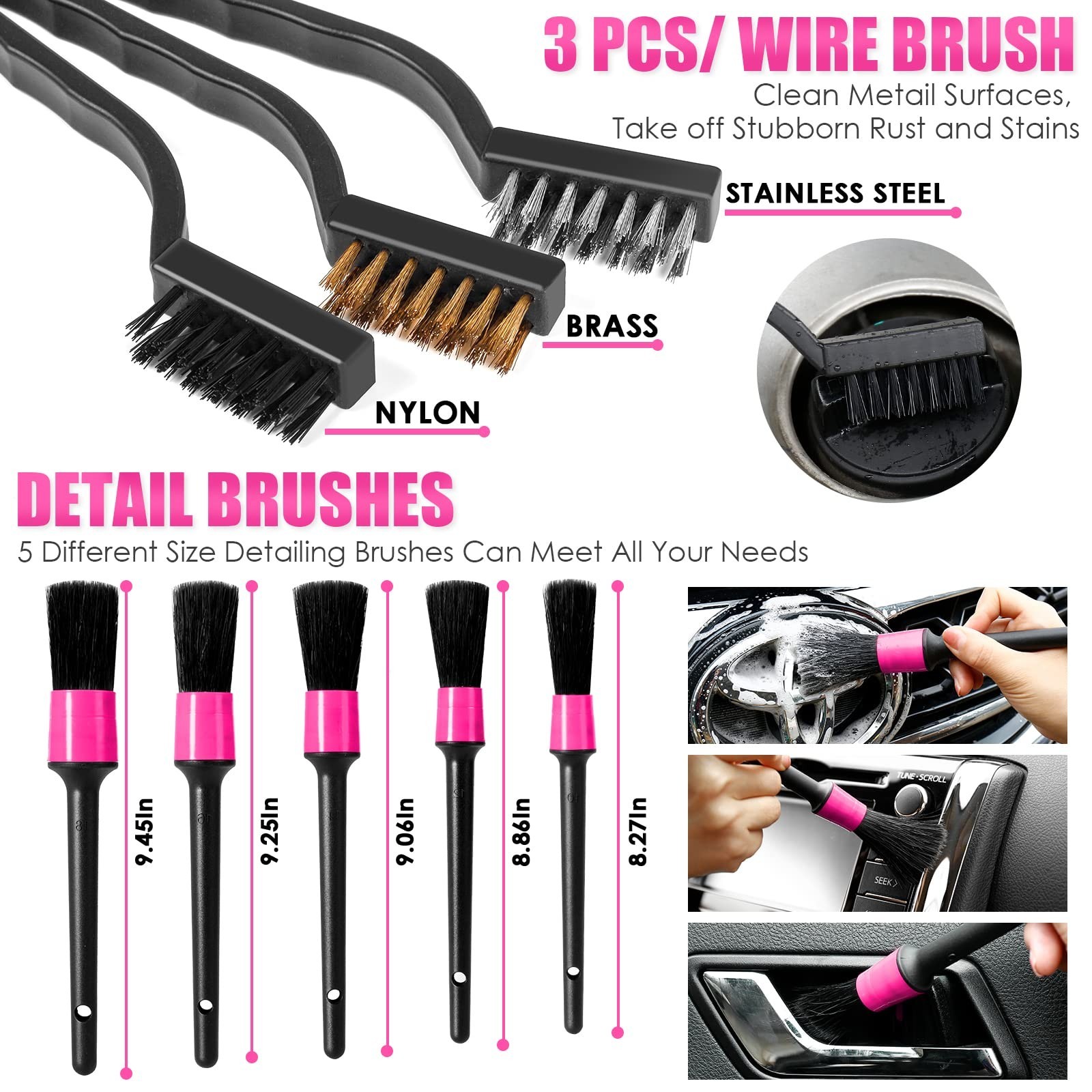 17pcs Pink Car Cleaning Kit – High Power Vacuum, Detailing Brushes, Windshield C