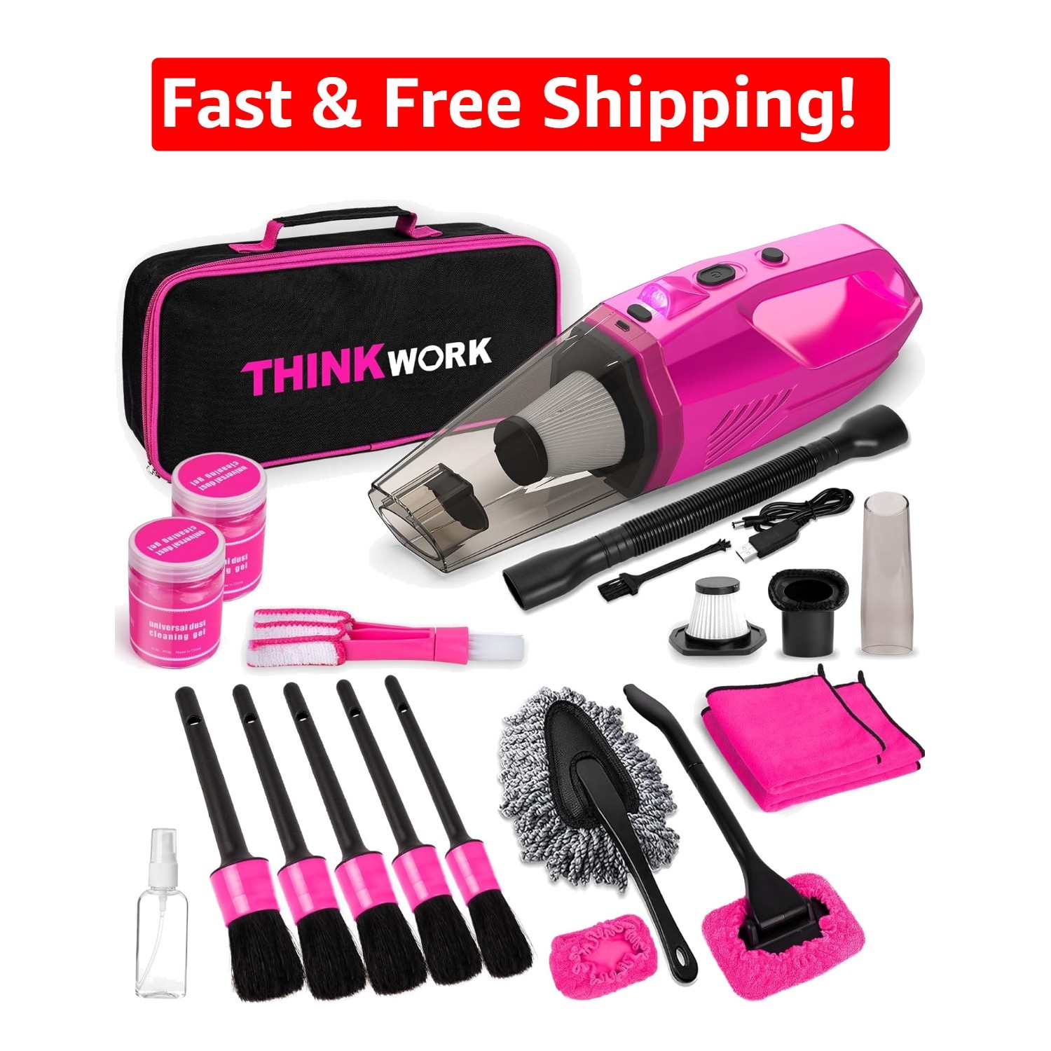 8000PA Pink Handheld Vacuum Cleaner & Car Detailing Brush Kit – Perfect Gift