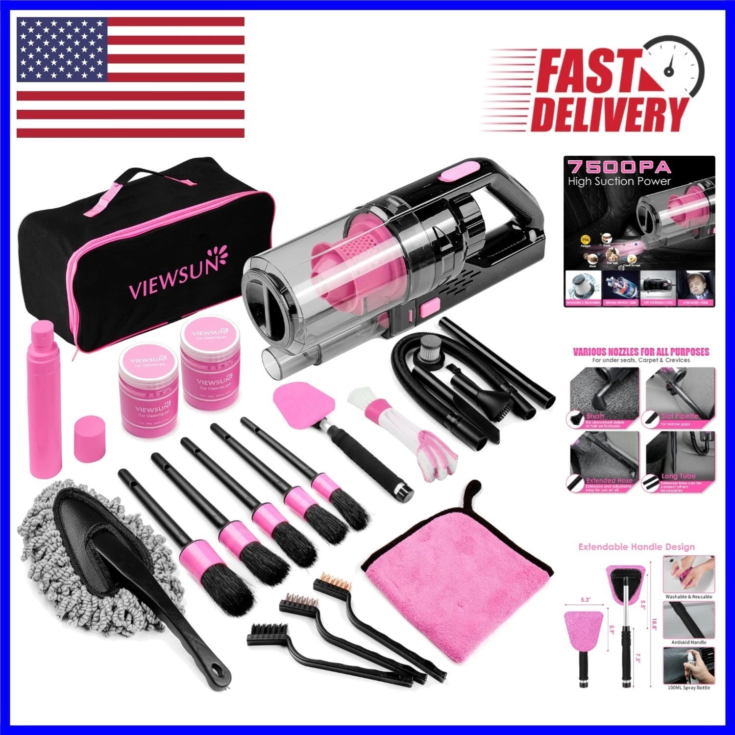 17PCS Pink Car Cleaning Kit with Handheld Vacuum & Accessories for Women