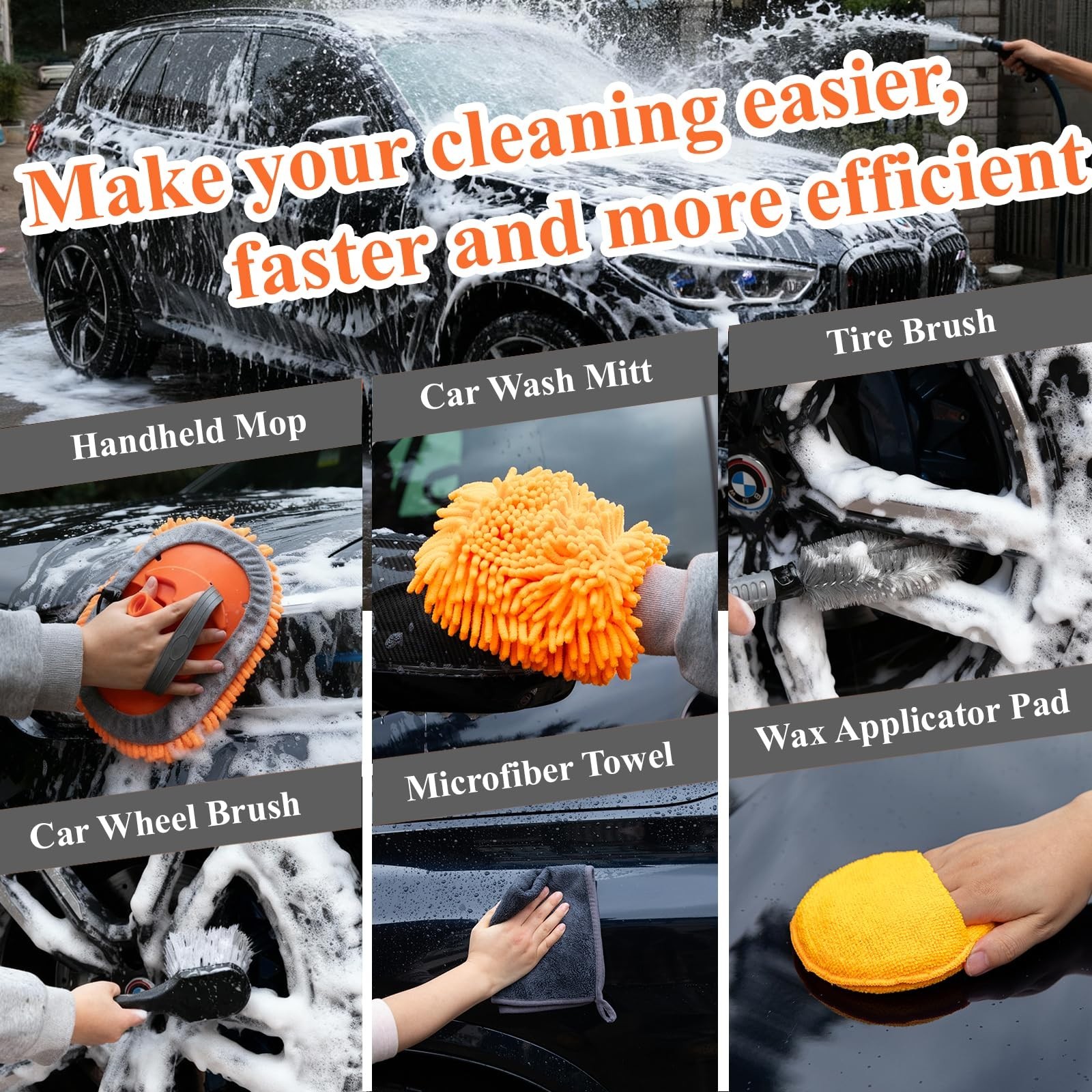 21Pcs Car Wash Kit – Heavy-Duty Extension Pole, Soft Brush, Tire Cleaner, Mop Mi