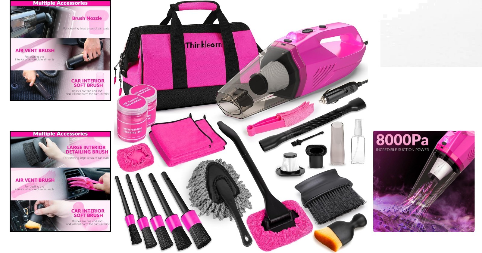 Luxury Pink Handheld Car Vacuum with Detailing Brushes – Complete Cleaning Set
