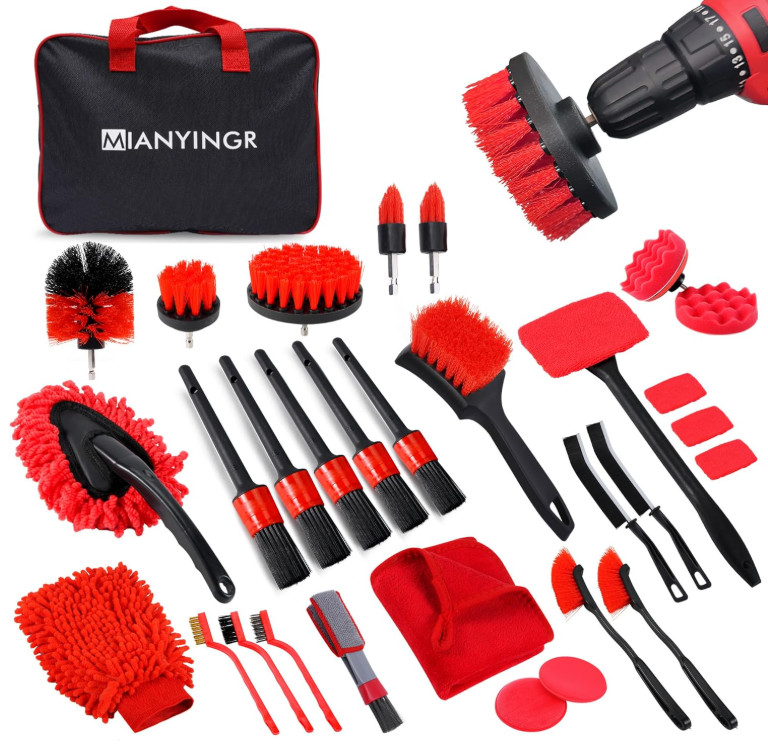 Car Detailing Kit 32Pcs Drill Brush Set Wheel Cleaning Polishing Waxing Tool Bag