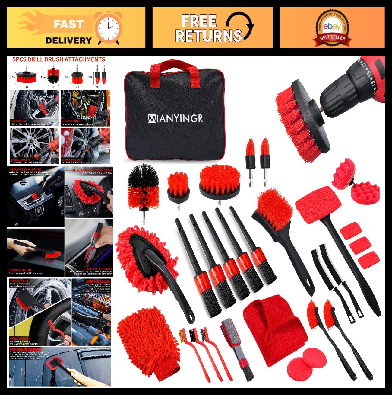 32Pcs Car Detailing Kit – Brush Set, Drill Brush, Polishing Pads & Tools, Portab