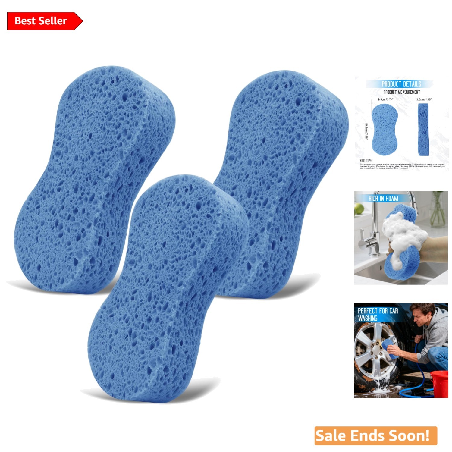 3PCS Heavy Duty Eco Friendly Car Wash Sponges Large Blue Cleaning Supplies