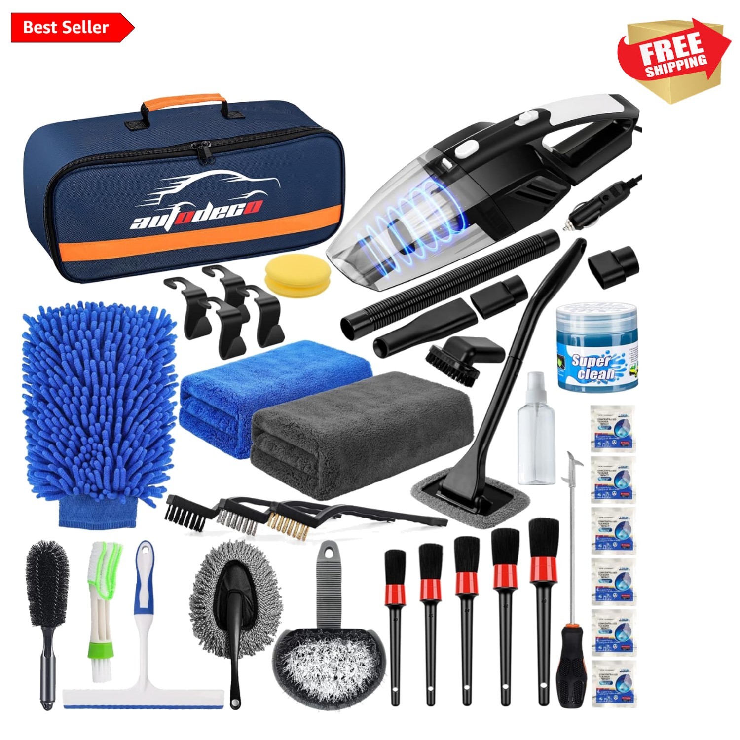39-Pcs Car Wash and Interior Cleaning Kit with High Suction Vacuum