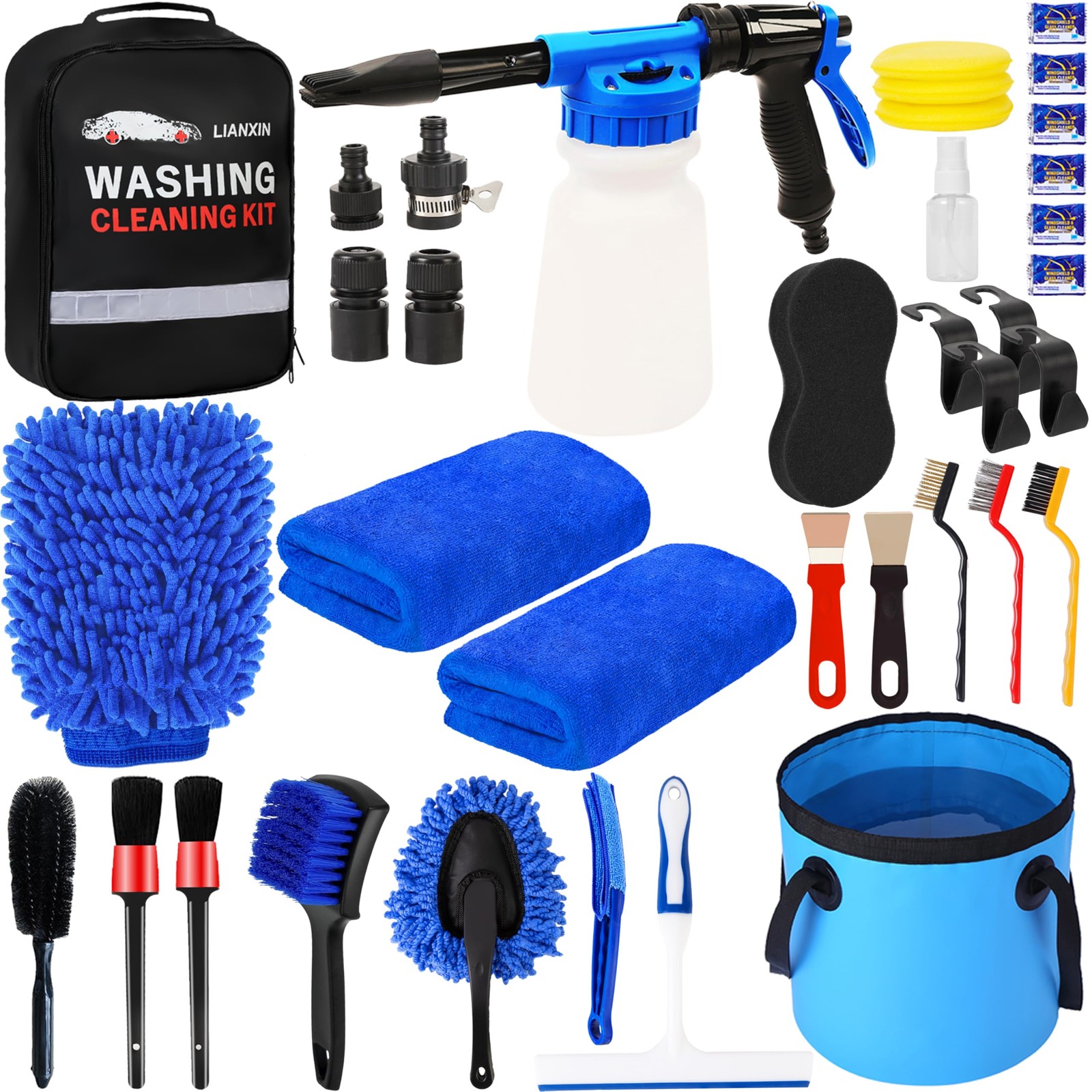 LIANXIN 37Pcs Car Wash Kit Cleaning Kits with Foam Gun XXL-26, Light blue