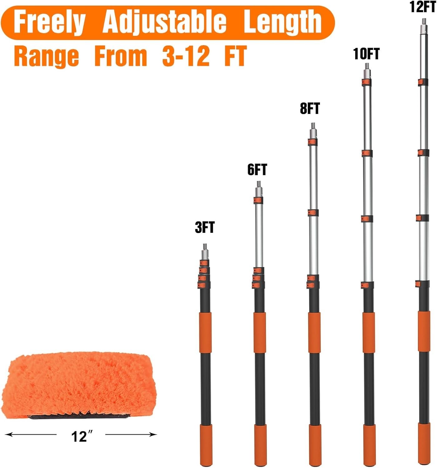 12ft Car Wash Brush: Extendable Pole, Soft Bristles, All-in-One Cleaning Set