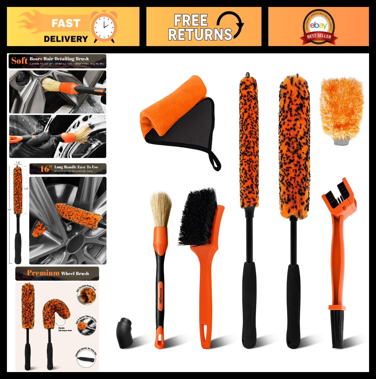 7PCS Motorcycle Cleaning Kit – Bendable Wheel Brushes, Tire & Chain Brush, Micro