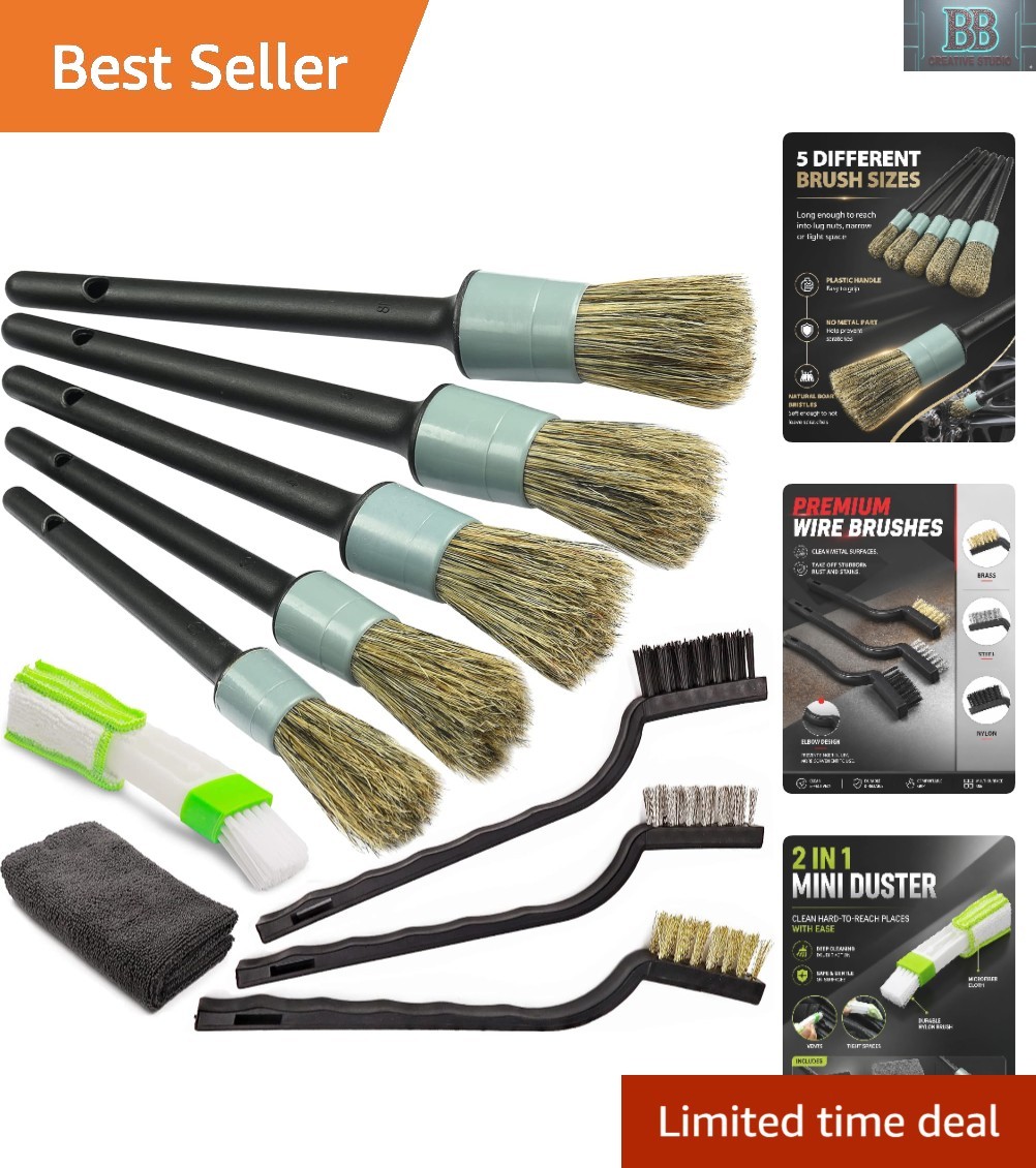 Complete Car Detailing Brush Kit – 10-Piece Set with Boar Hair & Wire Brushes