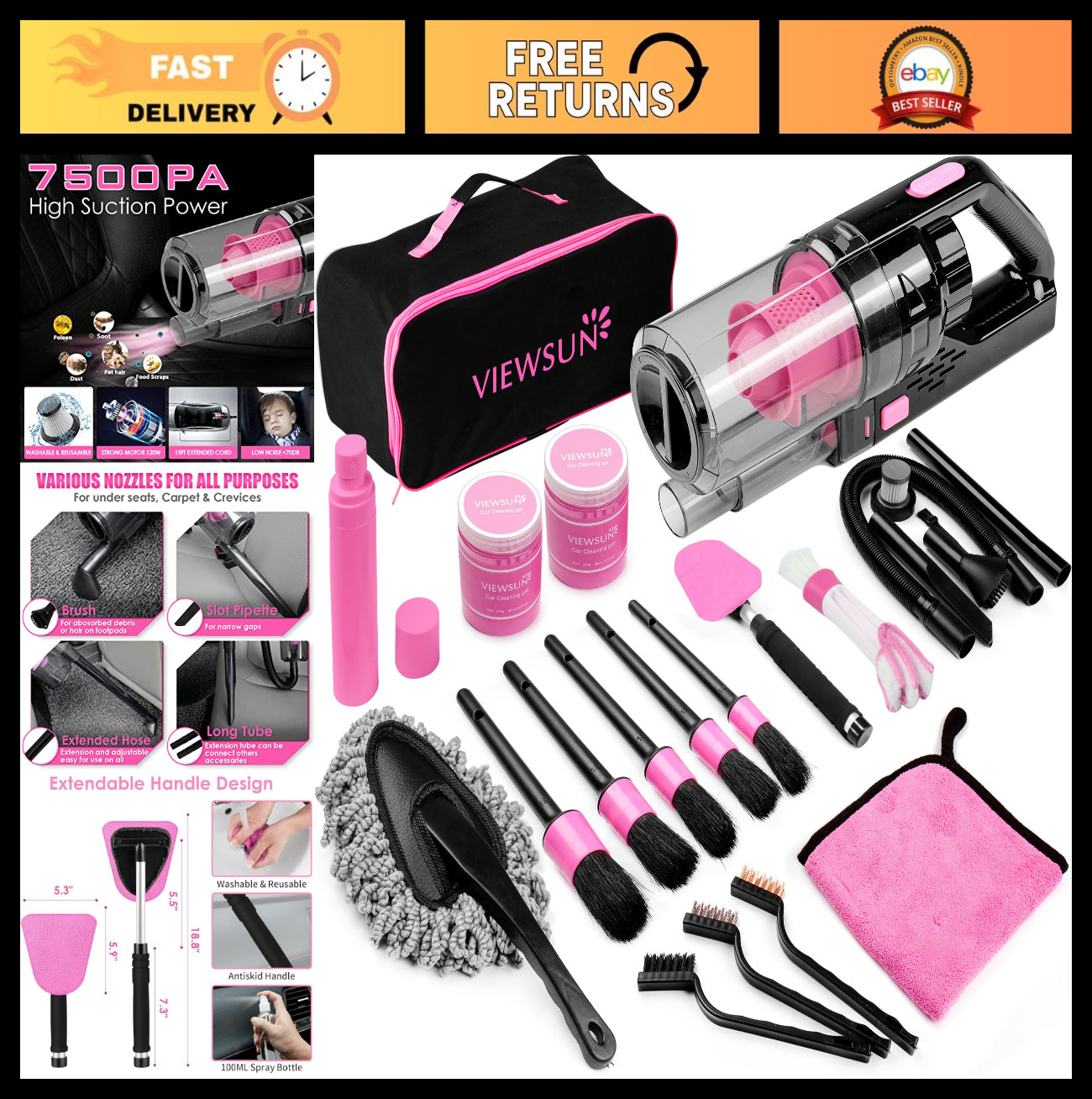 17pcs Car Cleaning Kit – Pink Interior Detailing, Handheld Vacuum, Brushes & Gel