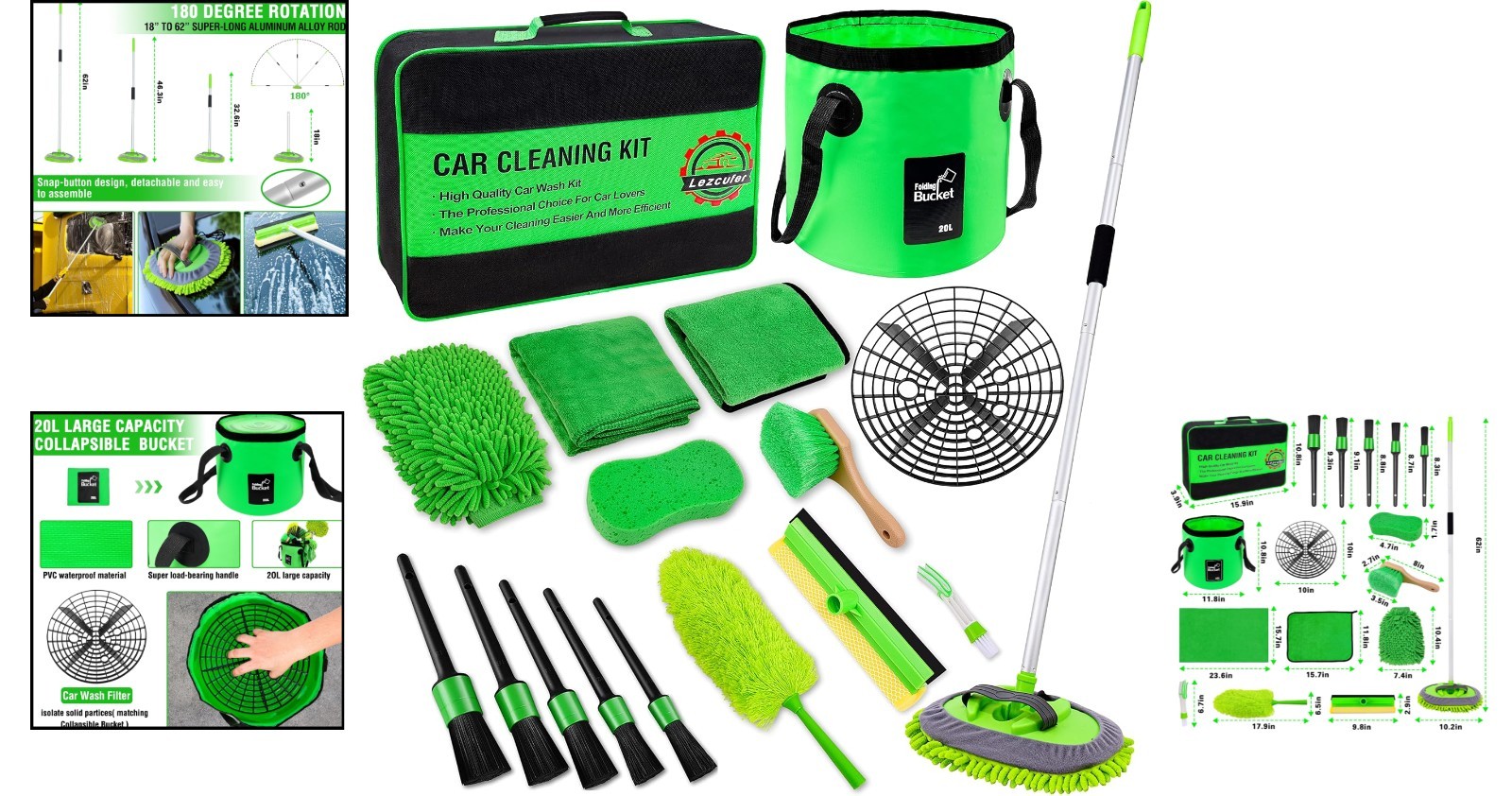 17Pcs Car Wash & Detailing Kit with 62” Mop & Eco-Friendly Tools