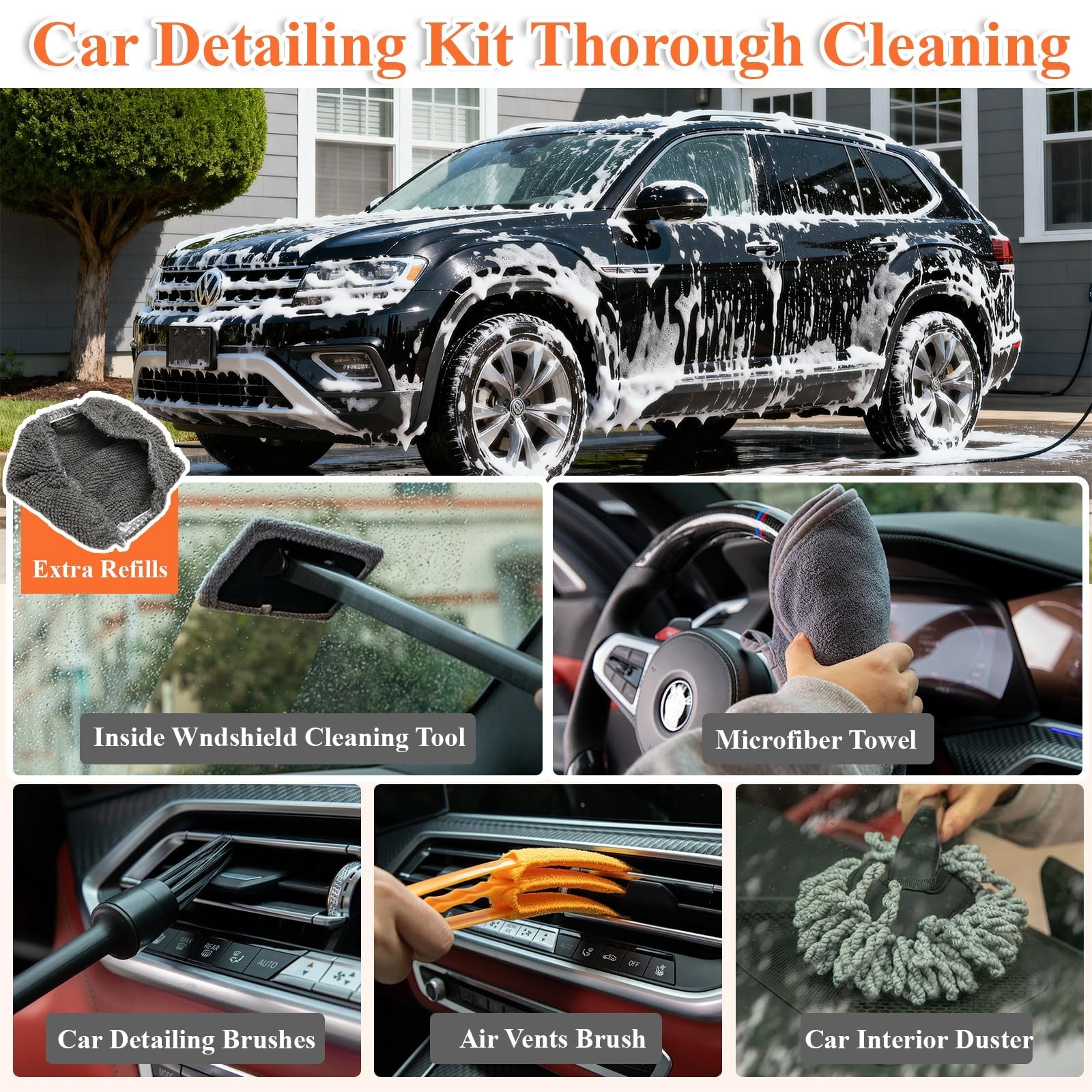 21Pcs Car Wash Kit – Heavy-Duty Extension Pole, Soft Brush, Tire Cleaner, Mop Mi
