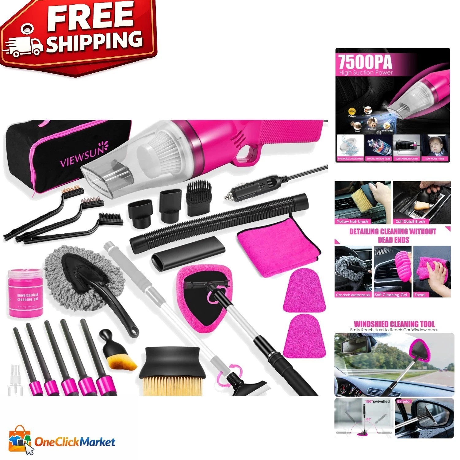 Complete 20PC Car Interior Detailing Kit with Powerful Vacuum – Chic Pink Design
