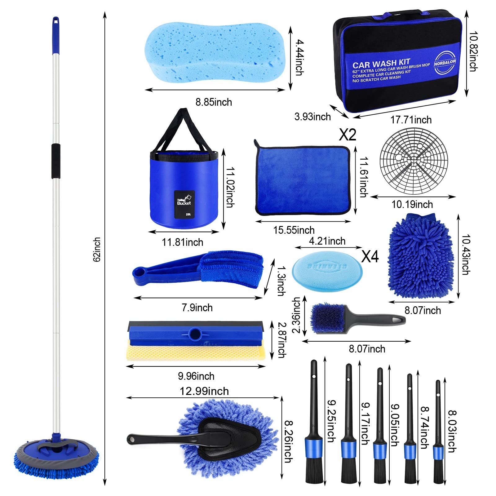 21Pcs Car Wash Kit,62″ Brush wash brush with long handle, Blue