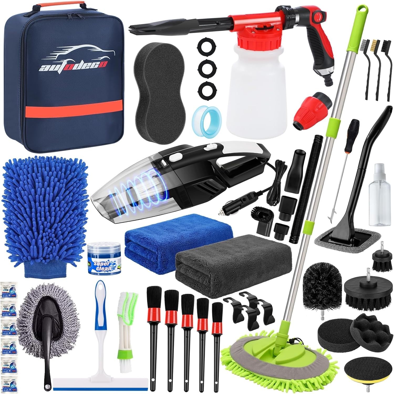 43 Piece Interior & Exterior Car Detailing Kit with Vacuum & Mop – Blue