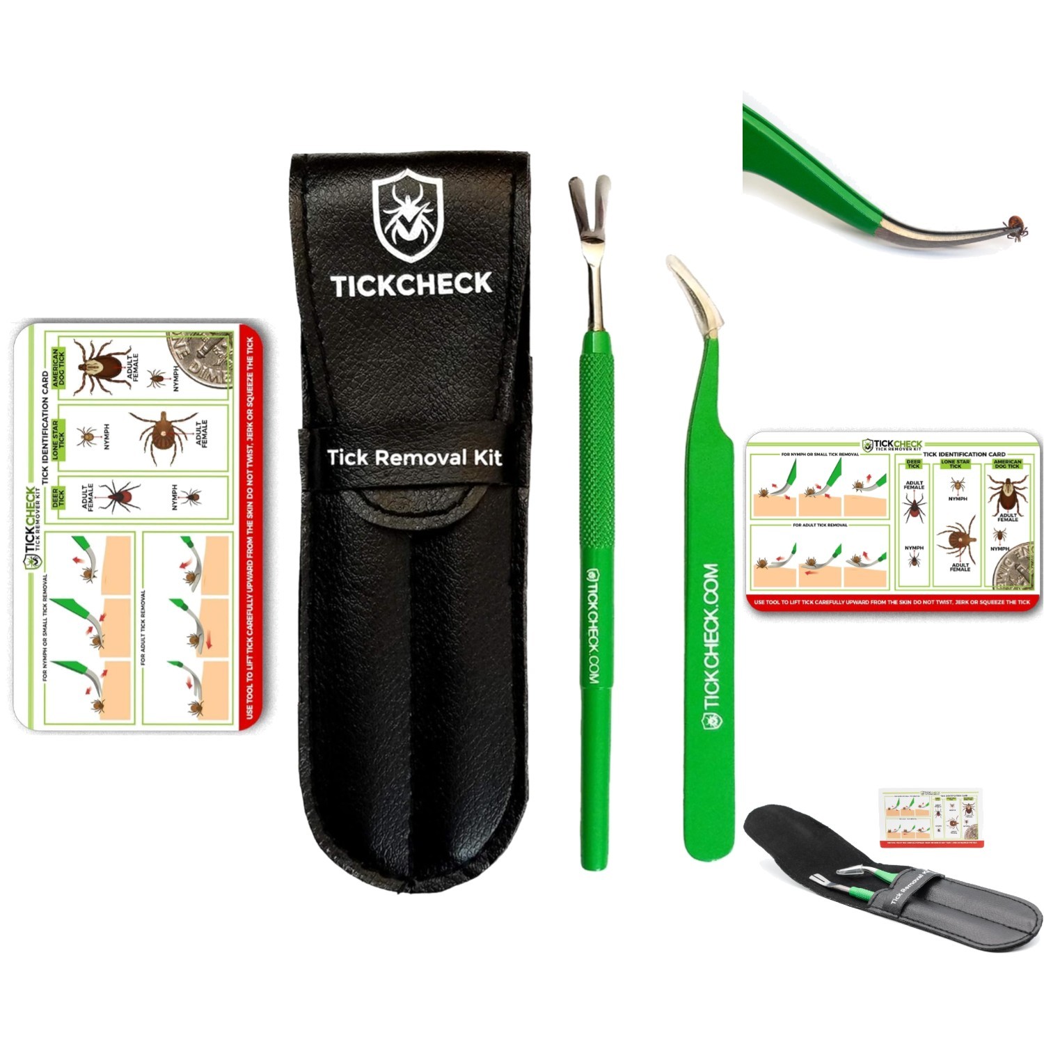 Professional Tick Removal Tool Kit Fine Tip Tweezers with Leather Pouch & Card