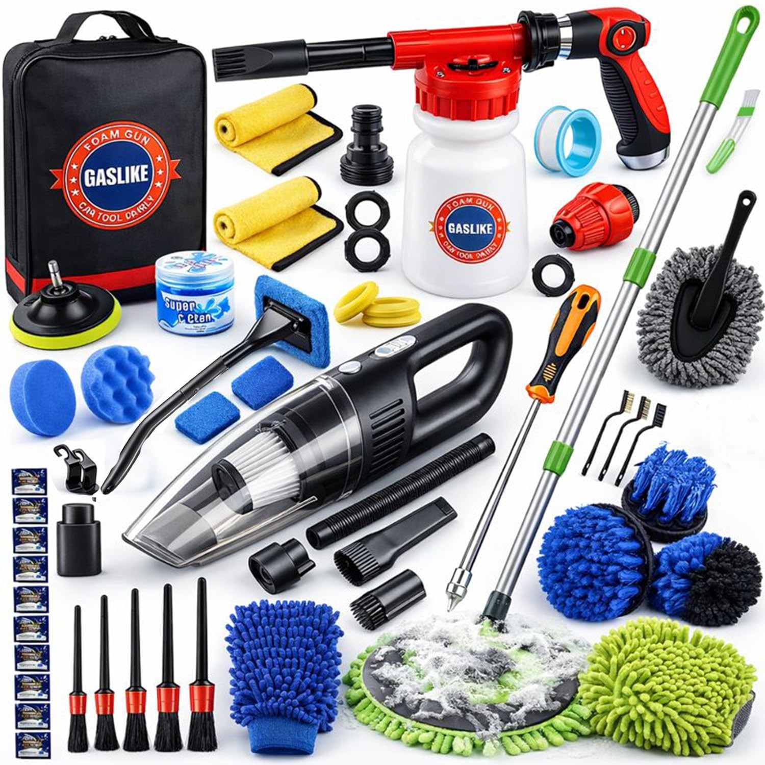 Car Wash Cleaning Kit 63PCS Brush Foam Gun Vacuum Detailing GASLIKE Long Handle