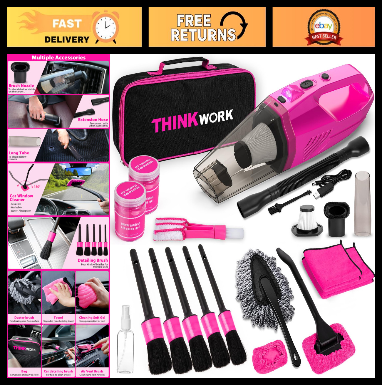 Car Detailing Kit with 8000PA Cordless Handheld Vacuum & Interior Brush Set, Pin